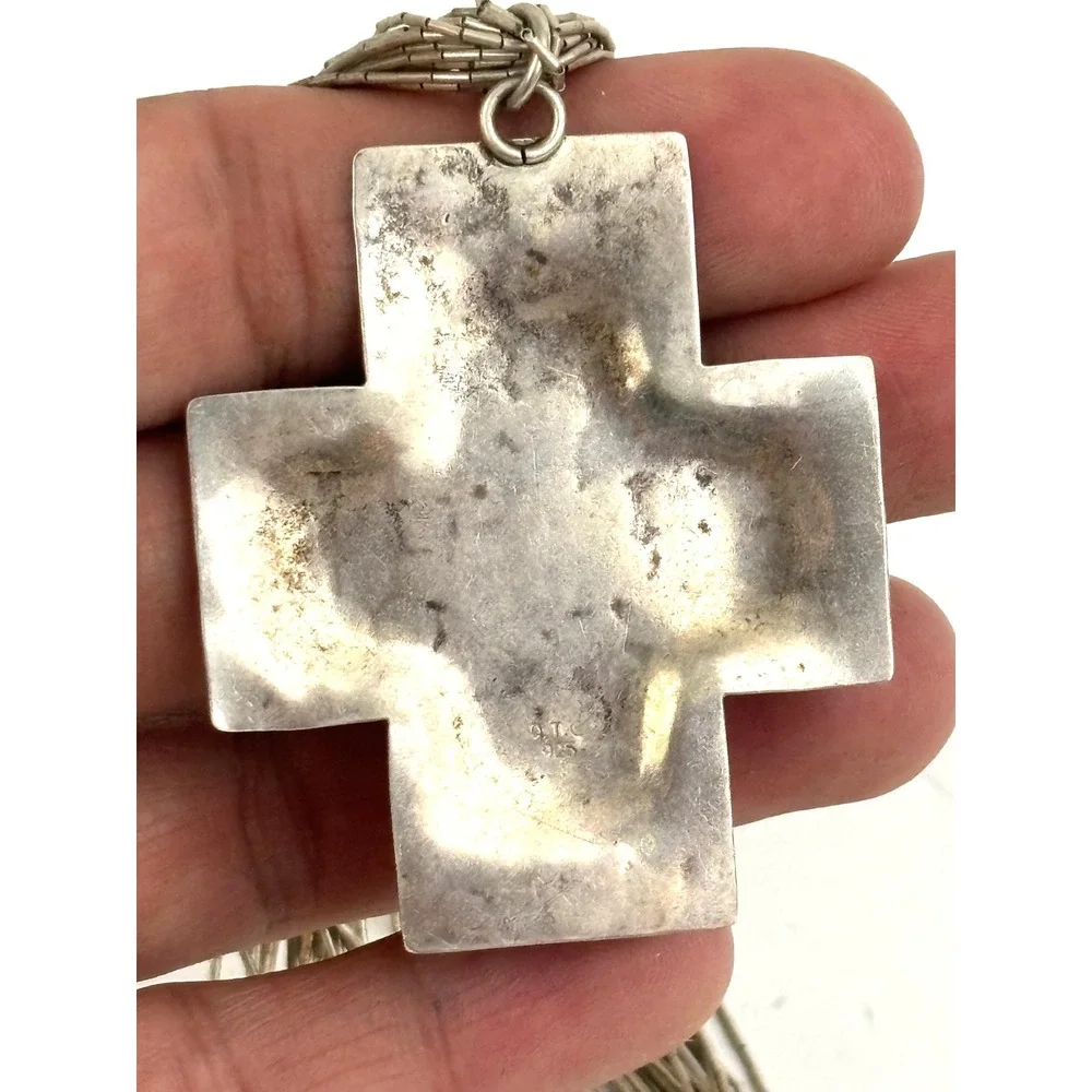 Vintage Sterling Liquid Silver Heishi Bead Necklace Turquoise Heart Cross‎ 32g